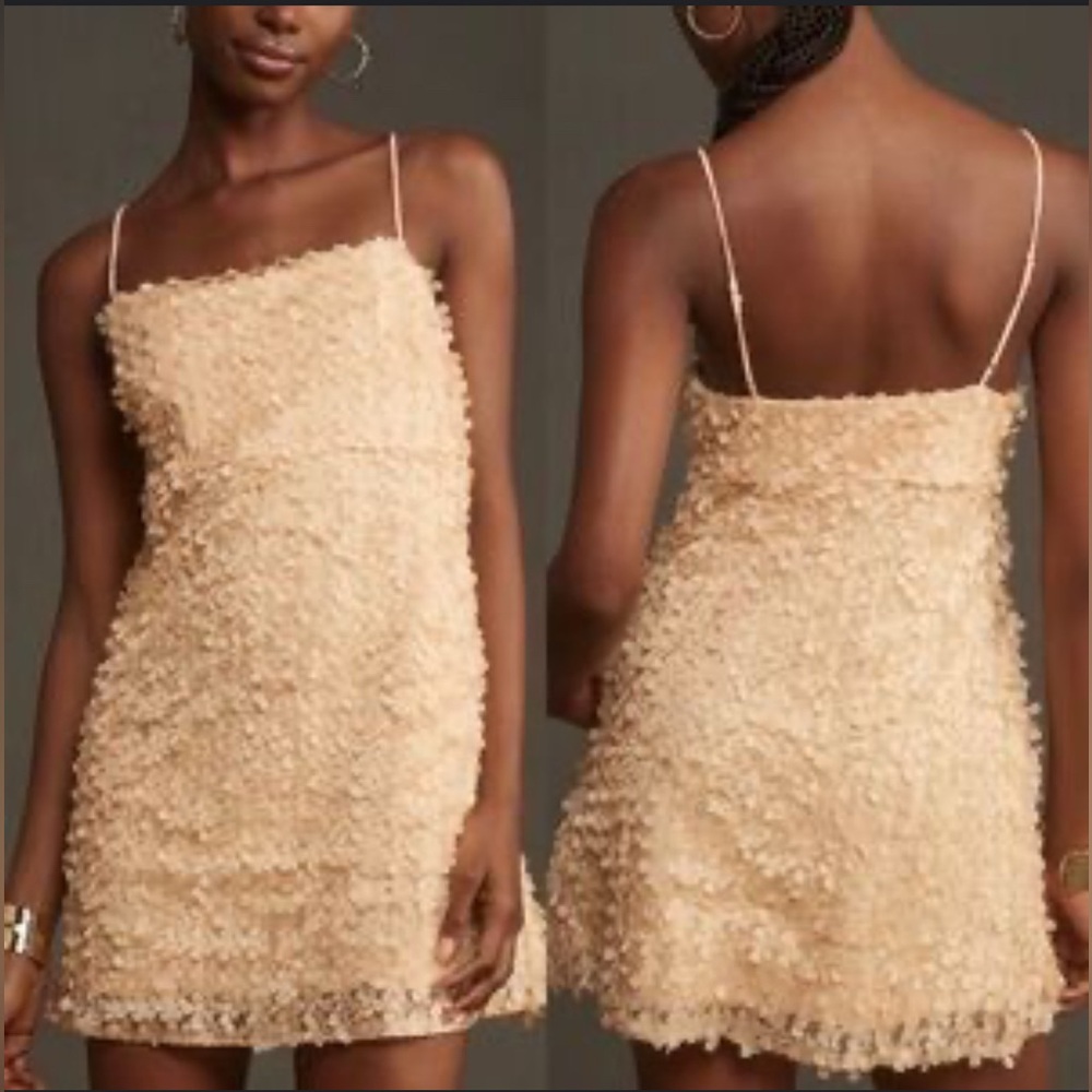 Anthropologie Champagne Textured Spaghetti-Strap Mini Dress